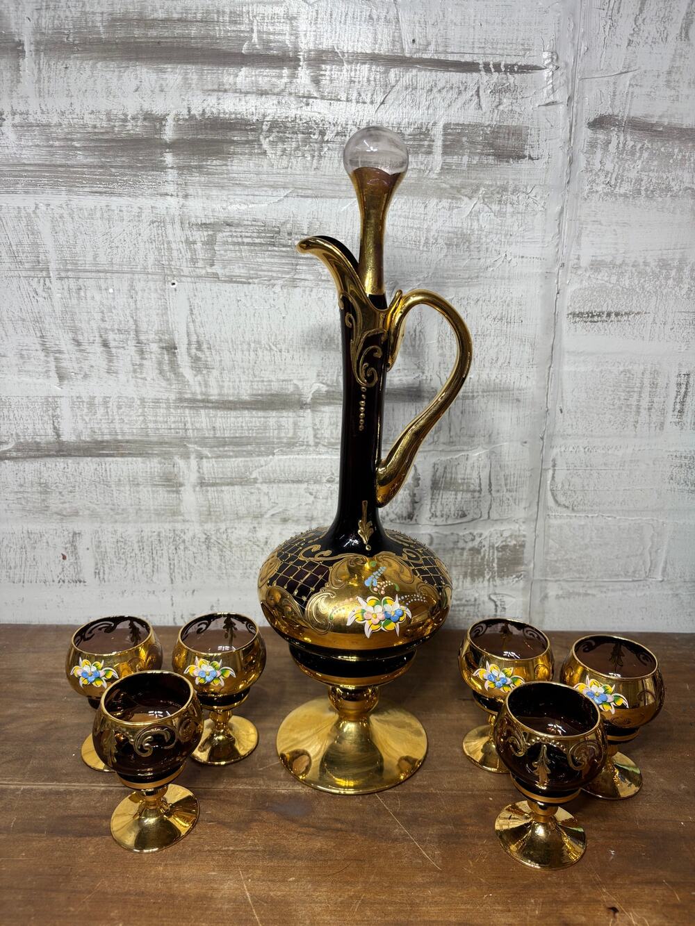Vintage Venetian Amethyst Hand Painted Decanter Set